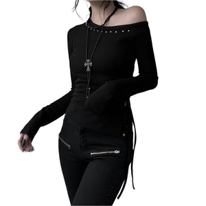 Lace-up Knit Black Tops