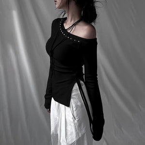 Lace-up Knit Black Tops