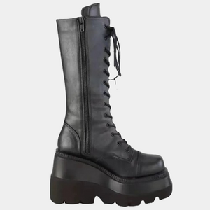 Black Knee High Lace Up Combat Boots