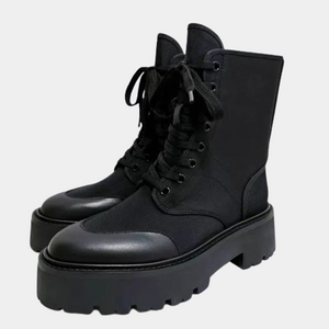 Black Leather Lace Up Biker Boots