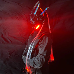 Large Screen Cyberpunk Helmet glowing red in profile, red light fibres hanging to the waist