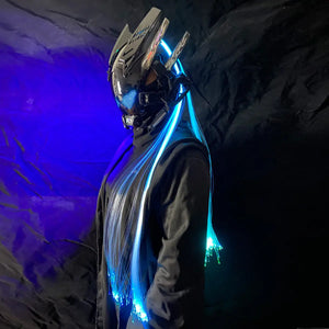 Large Screen Cyberpunk Helmet with colour screen, side view with blue fibres and vented blades