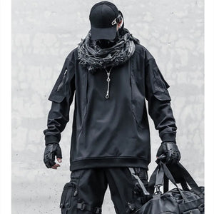 Black layered patchwork men hoodie in fleece backed polyester