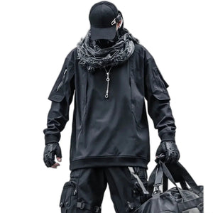 Black layered patchwork men hoodie in fleece backed polyester