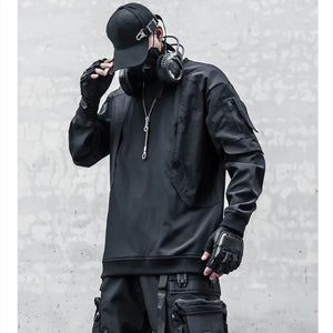 Black layered patchwork men hoodie in fleece backed polyester