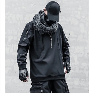 Black layered patchwork men hoodie in fleece backed polyester