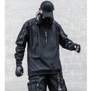 Black layered patchwork men hoodie in fleece backed polyester