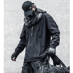 Black layered patchwork men hoodie in fleece backed polyester