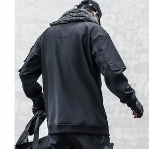 Black layered patchwork men hoodie in fleece backed polyester