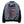 Grey layered sleeve baseball bomber jacket laid flat, back view with the print and black sleeves