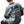 Grey layered sleeve bomber jacket from the back, close view of the graphic print and ribbed collar