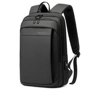 Black backpack with layered compartments and a wet and dry separation pocket