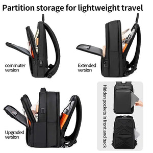 Black backpack with layered compartments and a wet and dry separation pocket
