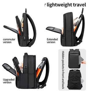 Black backpack with layered compartments and a wet and dry separation pocket
