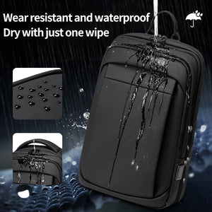 Black backpack with layered compartments and a wet and dry separation pocket