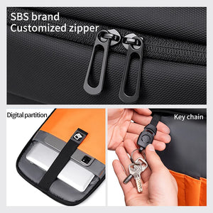 Black backpack with layered compartments and a wet and dry separation pocket