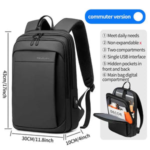 Black backpack with layered compartments and a wet and dry separation pocket