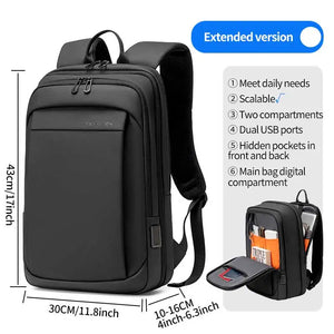 Black backpack with layered compartments and a wet and dry separation pocket