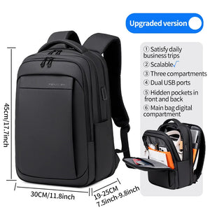Black backpack with layered compartments and a wet and dry separation pocket