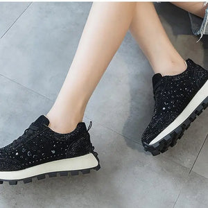 Leather Black Rhinestone Platform Sneakers