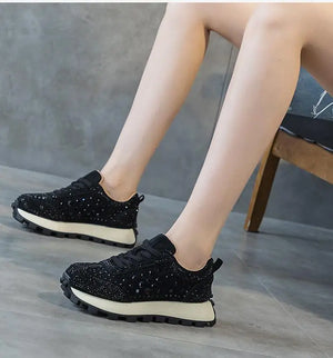 Leather Black Rhinestone Platform Sneakers
