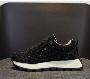 Leather Black Rhinestone Platform Sneakers