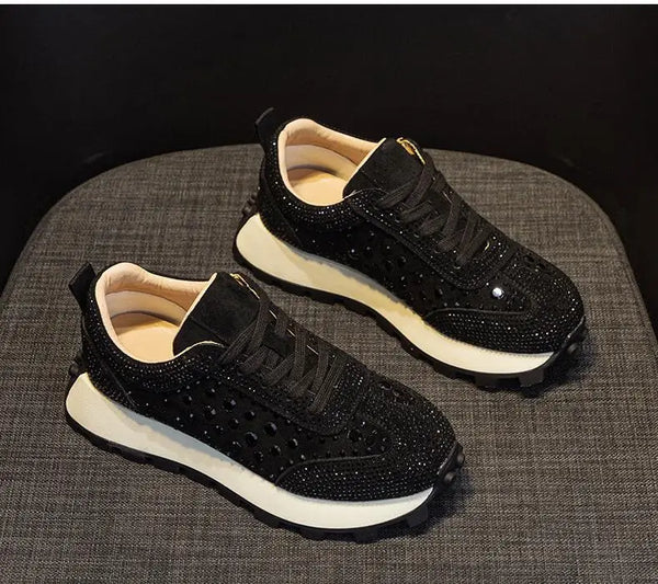 Leather Black Rhinestone Platform Sneakers