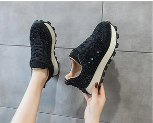 Leather Black Rhinestone Platform Sneakers