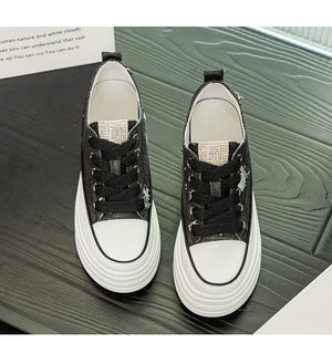 Leather Rhinestone Black Platform Sneakers