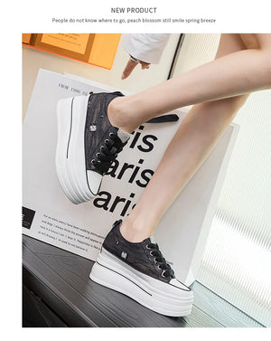Leather Rhinestone Black Platform Sneakers