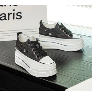 Leather Rhinestone Black Platform Sneakers