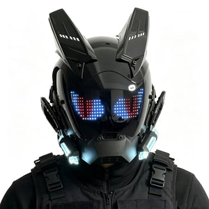 Black cyberpunk helmet with an LED face screen and upright ears
