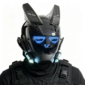 Black cyberpunk helmet with an LED face screen and upright ears