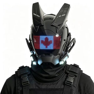 Black cyberpunk helmet with an LED face screen and upright ears