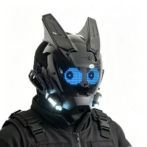 Black cyberpunk helmet with an LED face screen and upright ears