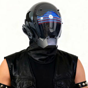 Black cyberpunk helmet with an LED face screen and upright ears