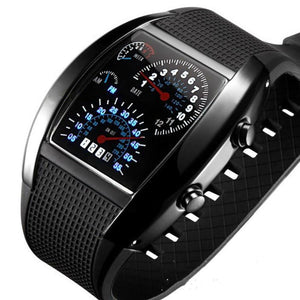 LED Speedometer Techwear Watch in black, three-quarter view of the oval case with two gauge-style dials and rubber strap