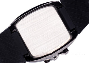 Back of the LED Speedometer Techwear Watch showing the brushed metal case back and the black rubber strap