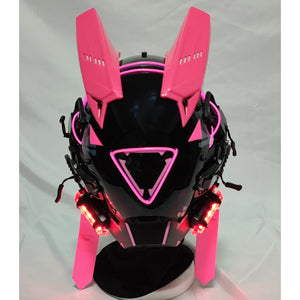 LED Triangle Cyberpunk Helmet in pink two tone, pink ear plates over a glowing pink triangle