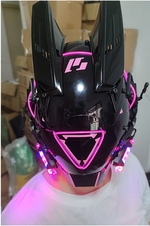 LED Triangle Cyberpunk Helmet in pink, black ear plates with a glowing pink triangle