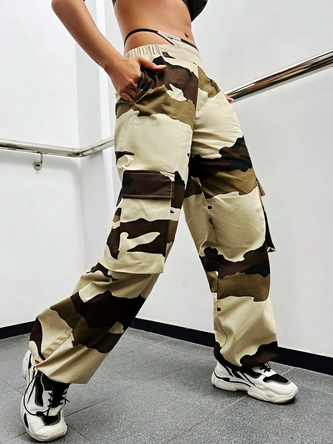 Men's Elasticated Waist Camo Parachute Cargo Trousers | Boohoo UK
