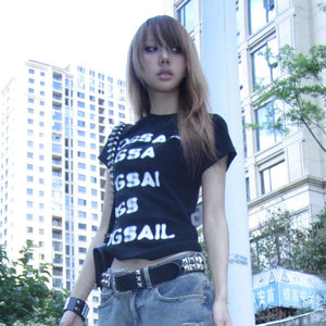 Letter Print Black Y2K Top