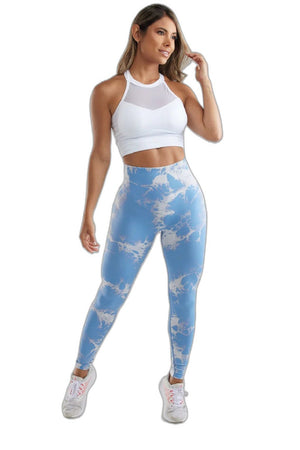 Light Blue Tie-Dye Scrunch Butt Leggings - product view on white background