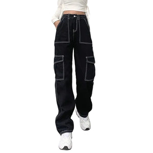Loose High Waist Y2k Jeans in black — dark techwear streetwear, view 1 of 7