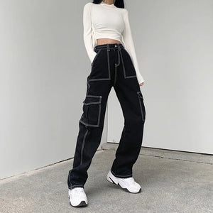 Loose High Waist Y2k Jeans in black — dark techwear streetwear, view 2 of 7