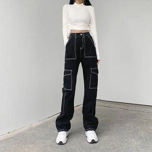 Loose High Waist Y2k Jeans in black — dark techwear streetwear, view 3 of 7