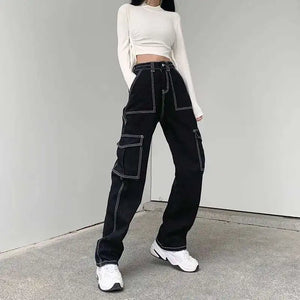 Loose High Waist Y2k Jeans in black — dark techwear streetwear, view 7 of 7