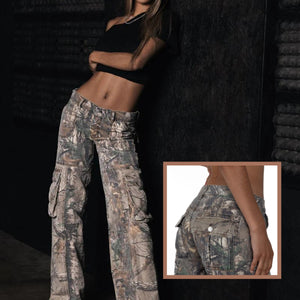 Woman leaning on a dark wall in tree camo cargo pants, with an inset close-up of the back pocket