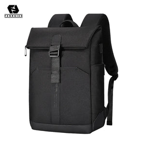 Black roll top backpack closed by a magnetic clasp across the front