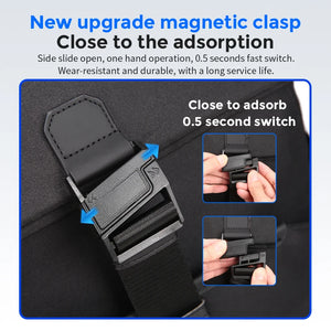 Black roll top backpack closed by a magnetic clasp across the front